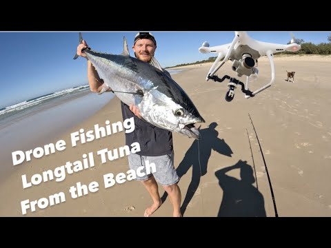 BIG TUNA caught from the beach drone fishing