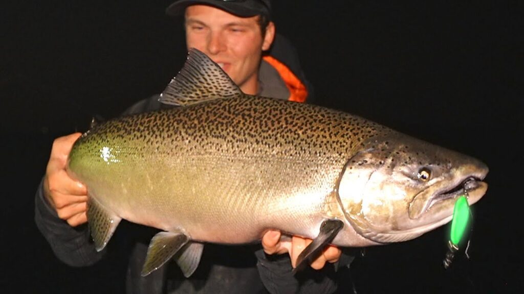 Casting GLOW SPOONS AT NIGHT for King Salmon! (Pier Fishing on Lake Michigan)