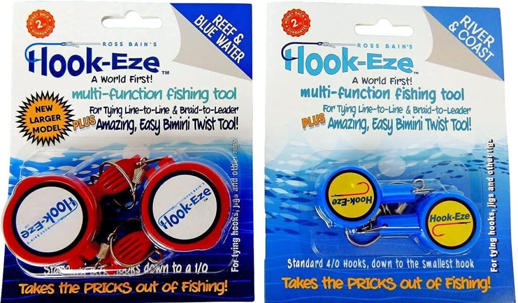 HOOK-EZE Knot Tying Tool Cover Hooks on 4 Fishing Poles - Line Cutter - 2 Sizes Saltwater Freshwater Bass Kayak Ice Fishing