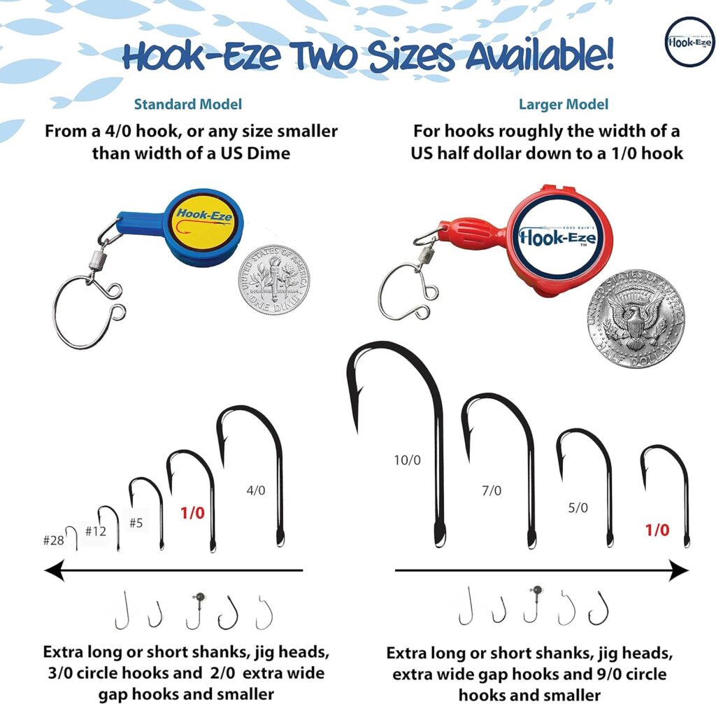 HOOK-EZE Knot Tying Tool Cover Hooks on 4 Fishing Poles - Line Cutter - 2 Sizes Saltwater Freshwater Bass Kayak Ice Fishing