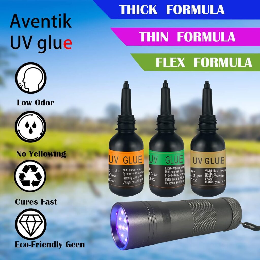 Riverruns UV Clear Glue Three Glue Formula Thick,Thin and Super Flew +12 LED Power Light Fly Tying for Building Flies Flies Heads Bodies and Wings Tack Free Special Introductory Sale!