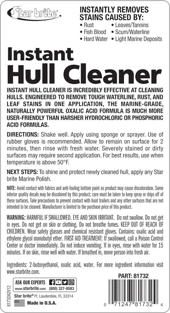 STAR BRITE Instant Hull Cleaner - Easily Remove Stains, Scum Lines  Grime for Boat Hulls, Fiberglass, Plastic  Painted Surfaces - Wipe On, Rinse Off Formula